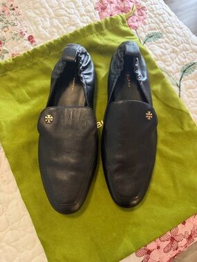 Tory Burch Black Leather Slip-On Loafers with Gold Emblem
